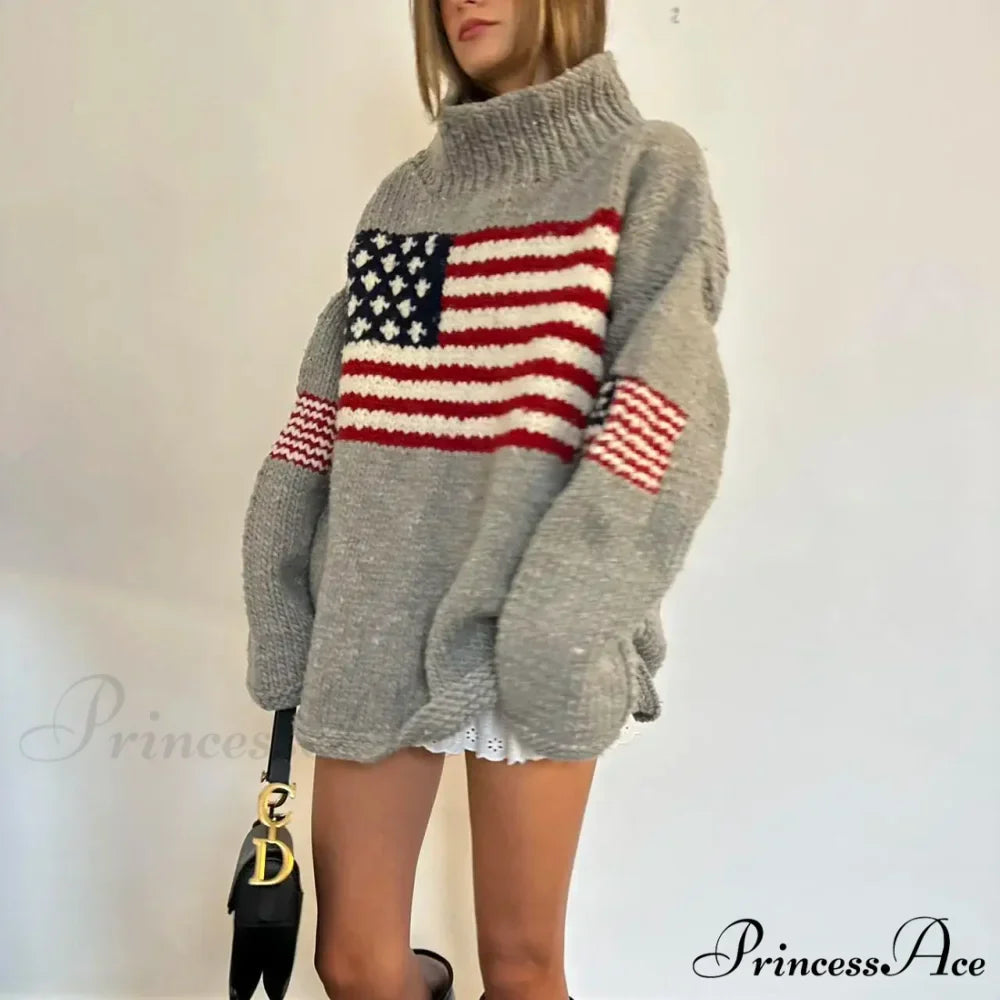 Harajuku Vintage  US Flag  Tall Neck Sweater