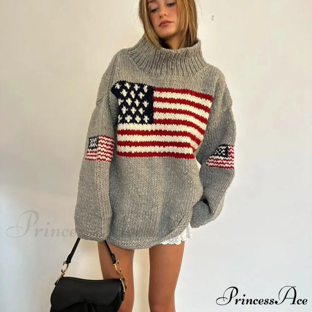 Harajuku Vintage  US Flag  Tall Neck Sweater
