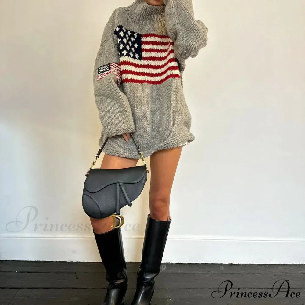 Harajuku Vintage  US Flag  Tall Neck Sweater