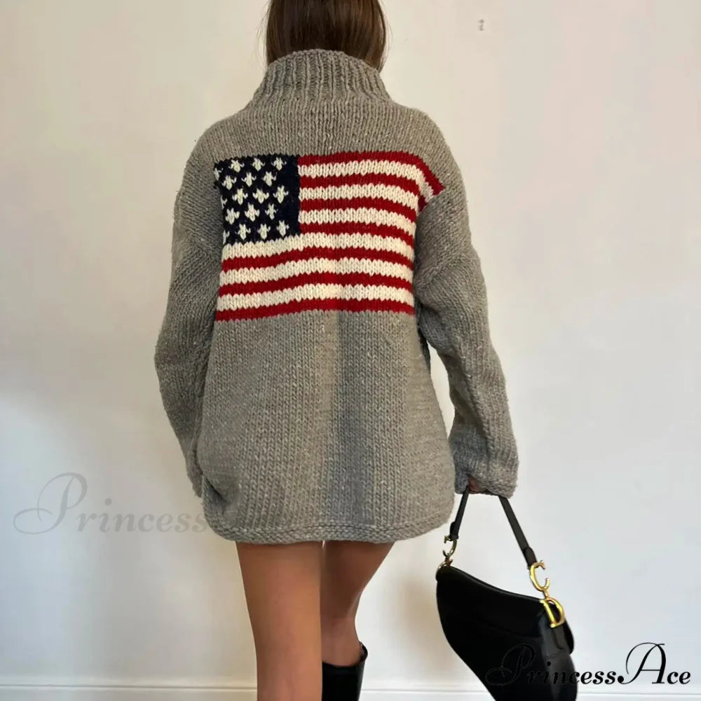 Harajuku Vintage  US Flag  Tall Neck Sweater