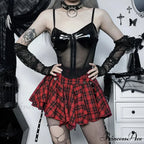 Harajuku Y2k Goth Plaid Women Streetwear Cyber High Waist Eyelet Ribbon Red Emo Alt Grunge Skirt