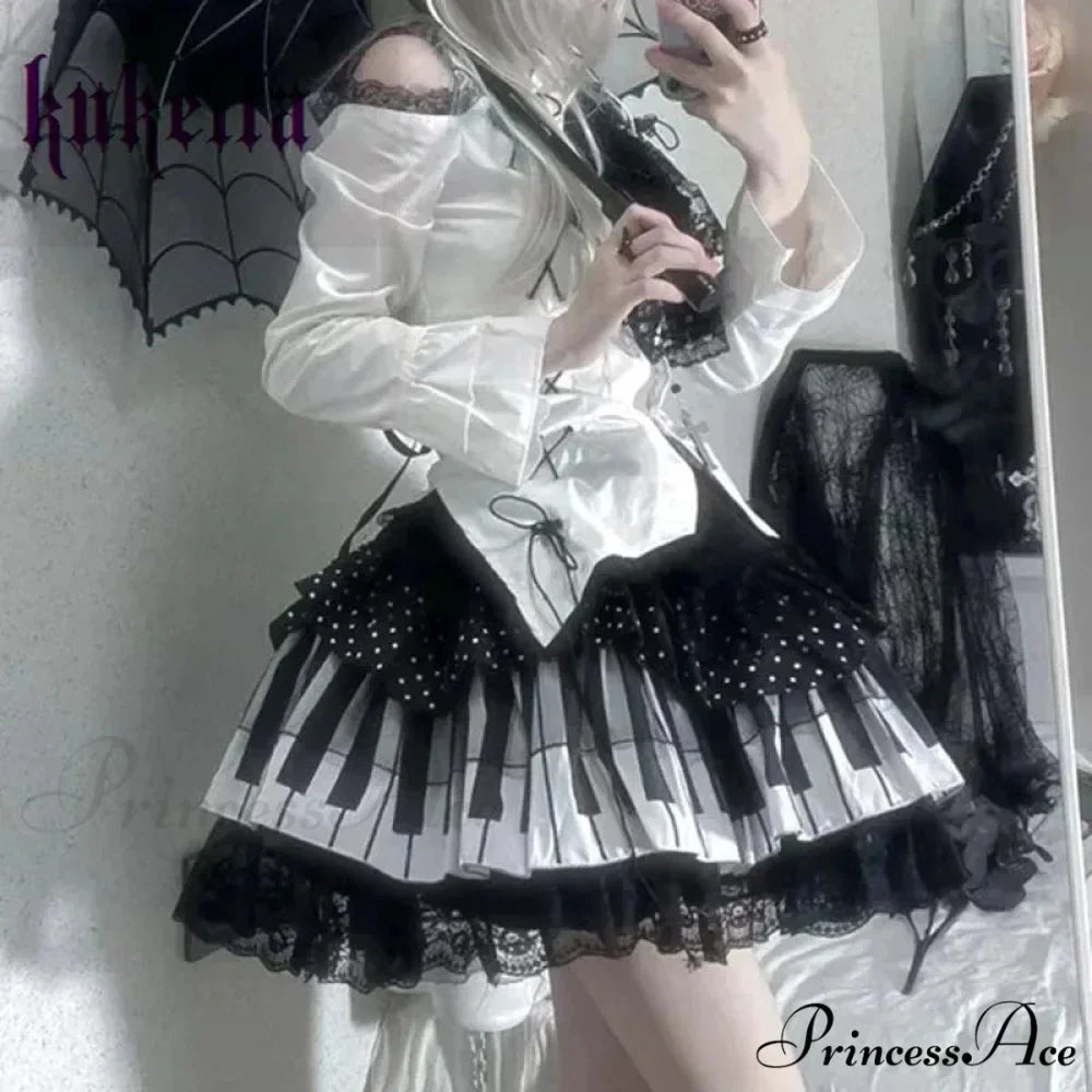 Harajuku Y2k Piano Key Wave Dot Lace Japanese Gothic Lolita Kawaii Cake Fairy Grunge Y2k Skirt