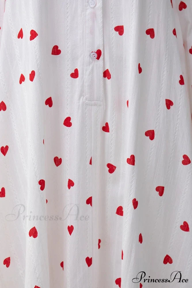 Heart Print Puff Sleeve Cotton Dress