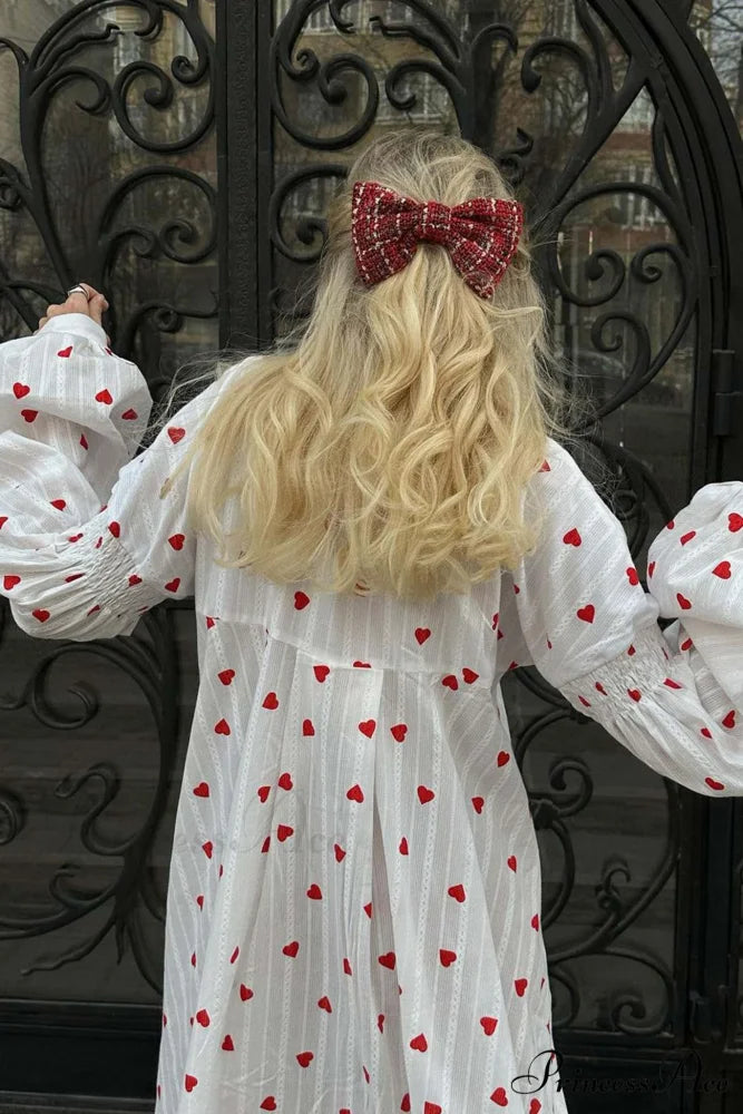 Heart Print Puff Sleeve Cotton Dress