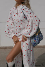 Heart Print Puff Sleeve Cotton Dress
