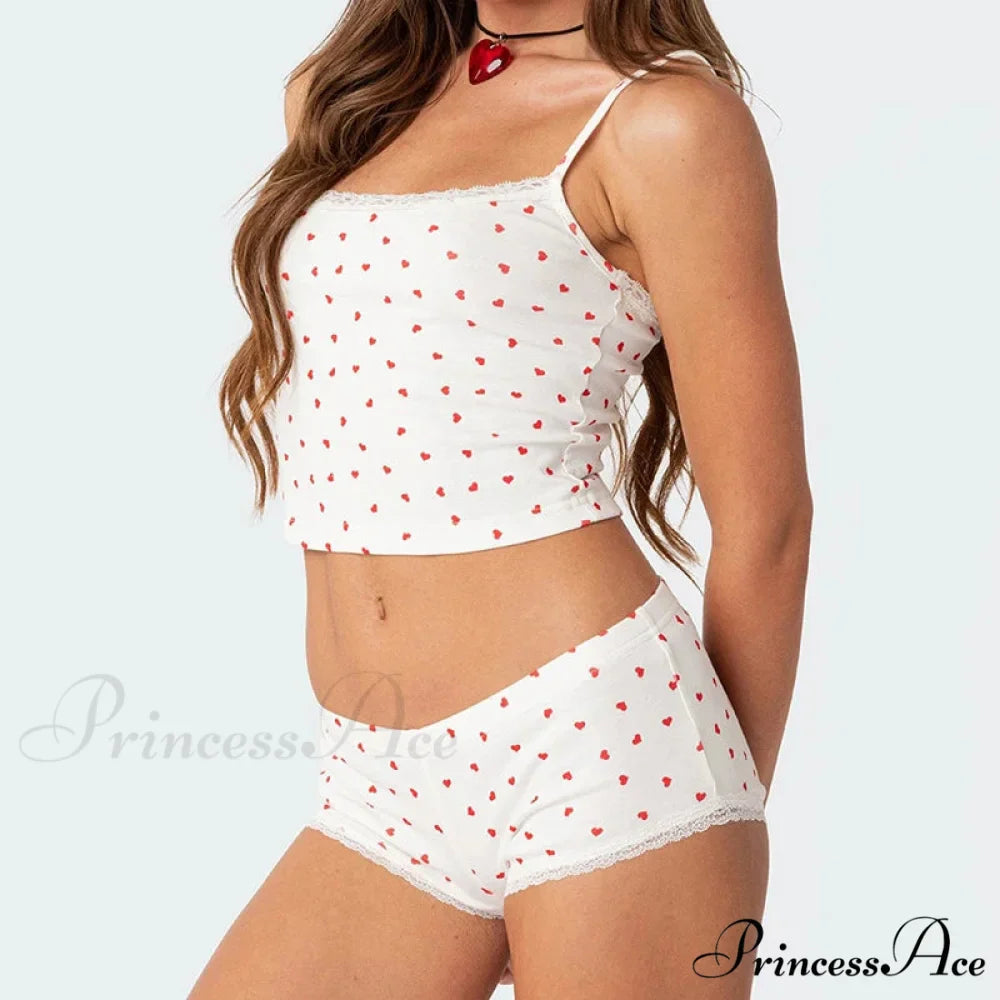 Heart Printed Cute Lace Trim Camis Micro Shorts Two Pieces Set