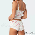 Heart Printed Cute Lace Trim Camis Micro Shorts Two Pieces Set