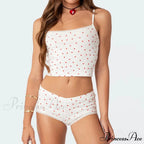 Heart Printed Cute Lace Trim Camis Micro Shorts Two Pieces Set