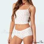 Heart Printed Cute Lace Trim Camis Micro Shorts Two Pieces Set