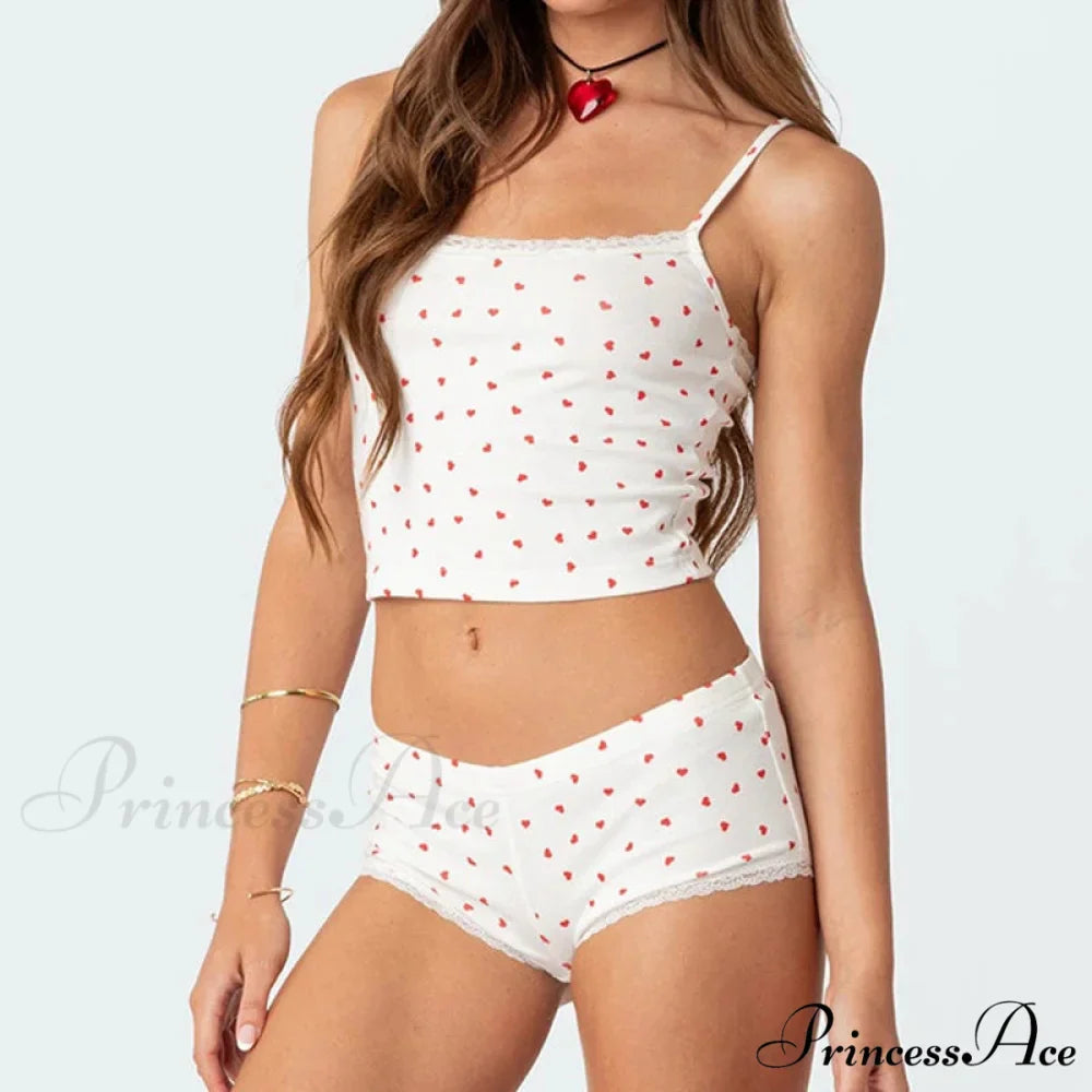Heart Printed Cute Lace Trim Camis Micro Shorts Two Pieces Set
