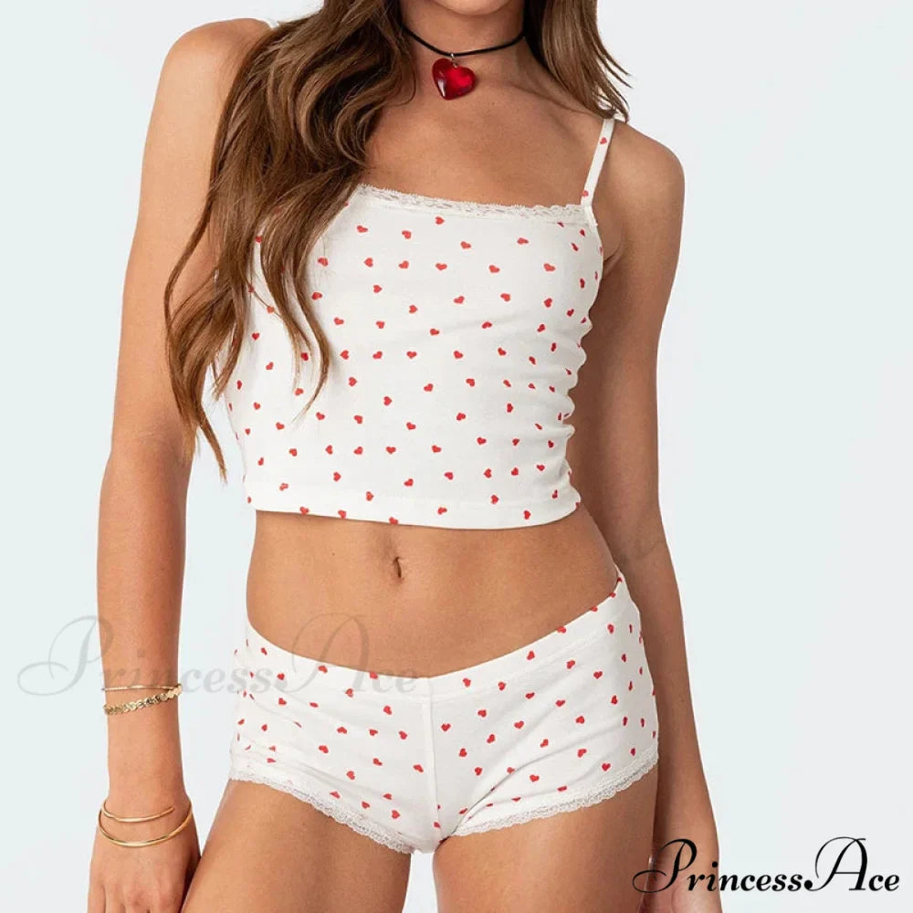 Heart Printed Cute Lace Trim Camis Micro Shorts Two Pieces Set
