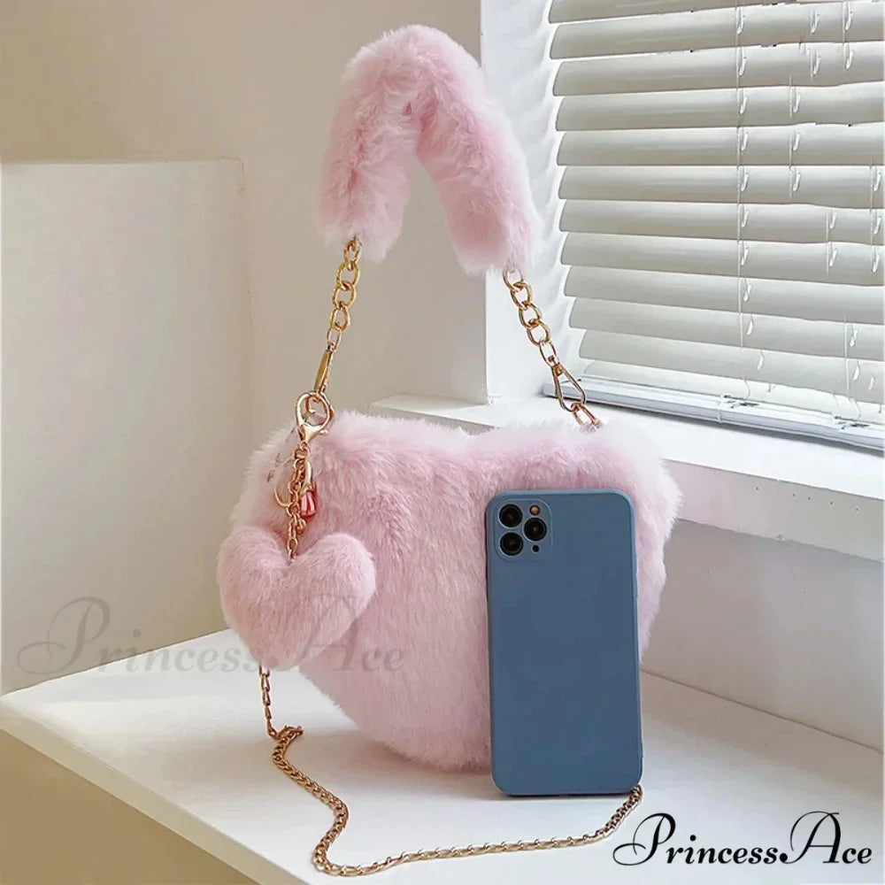Heart-shaped Artificial Fur Plush Petite Crossbody Purse