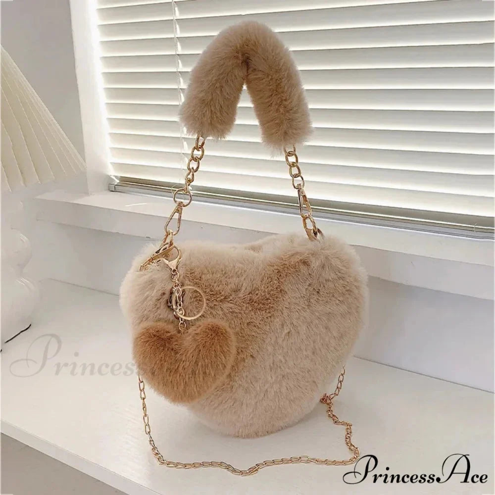 Heart-shaped Artificial Fur Plush Petite Crossbody Purse