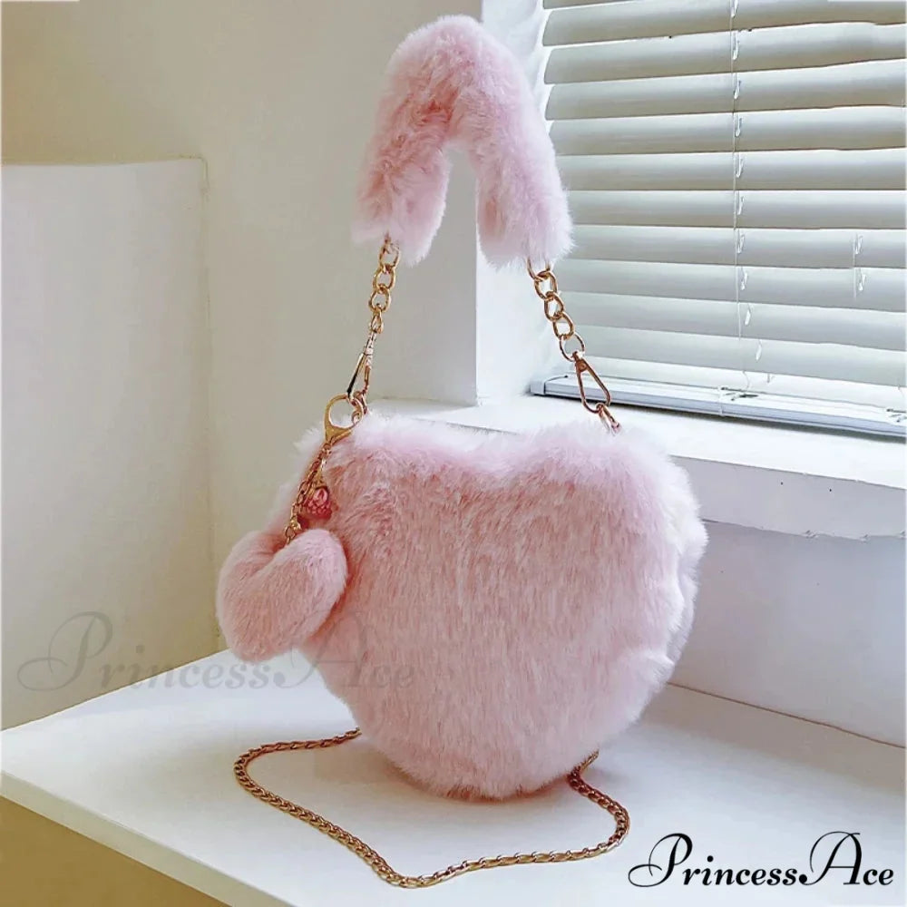 Heart-shaped Artificial Fur Plush Petite Crossbody Purse