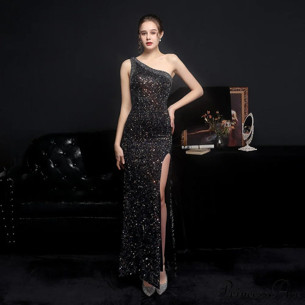 Heary dazzling sequined Charming one-shoulder asymmetric dress
