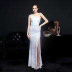 Heary dazzling sequined Charming one-shoulder asymmetric dress