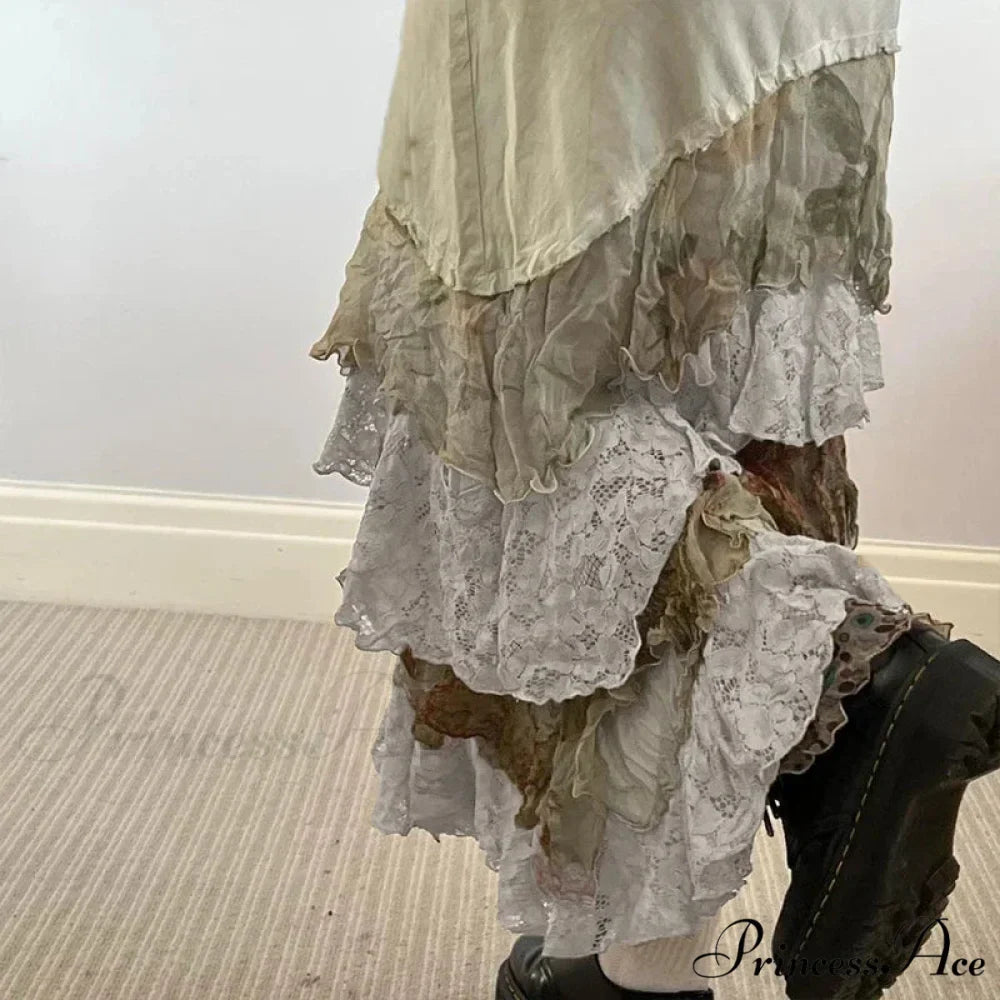 HEYounGIRL Y2K Aesthetic Lace Tiered Irregular Skirt Mori GirlModified Title: YOUNGIRL Y2K Aesthetic Lace Layered Uneven Skirt Mori Girl