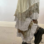 HEYounGIRL Y2K Aesthetic Lace Tiered Irregular Skirt Mori GirlModified Title: YOUNGIRL Y2K Aesthetic Lace Layered Uneven Skirt Mori Girl