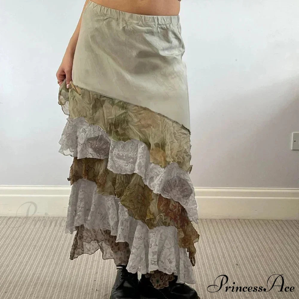 HEYounGIRL Y2K Aesthetic Lace Tiered Irregular Skirt Mori GirlModified Title: YOUNGIRL Y2K Aesthetic Lace Layered Uneven Skirt Mori Girl