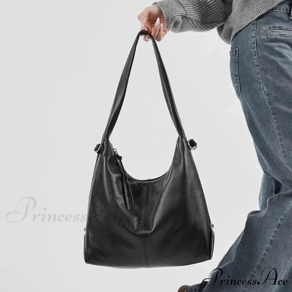High-end Authentic Leather Spacious Hobo Shoulder Bag
