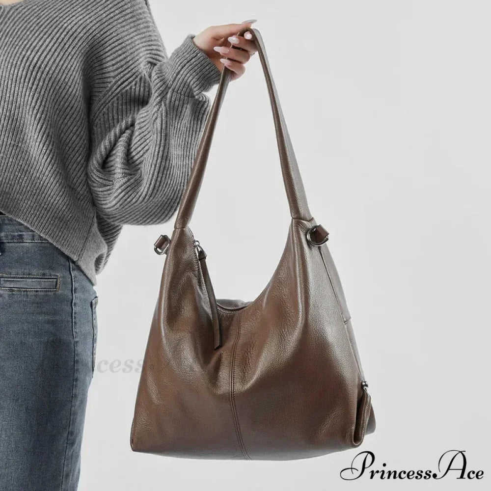 High-end Authentic Leather Spacious Hobo Shoulder Bag