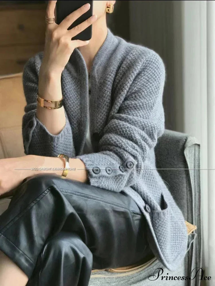 High-end Cashmere Wool Long Sleeve Half Collar Cardigan