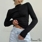 High-neck 2000s Long Sleeve Informal Fitted Knit Top