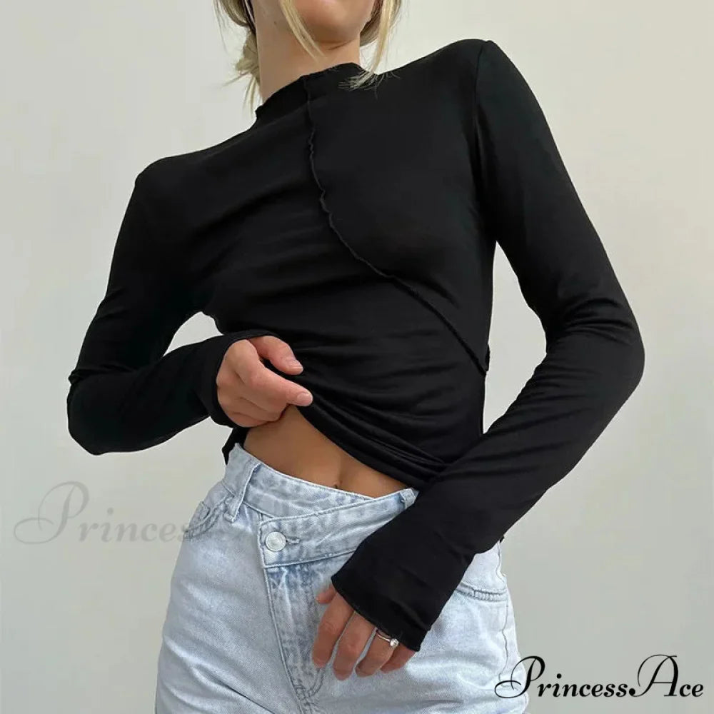 High-neck 2000s Long Sleeve Informal Fitted Knit Top