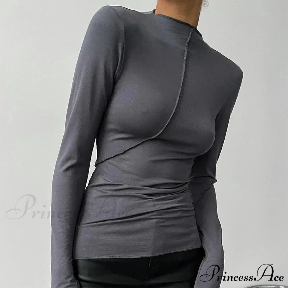 High-neck 2000s Long Sleeve Informal Fitted Knit Top