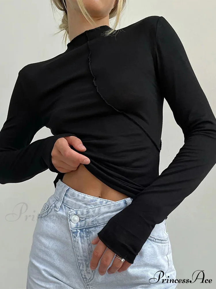 High-neck 2000s Long Sleeve Informal Fitted Knit Top