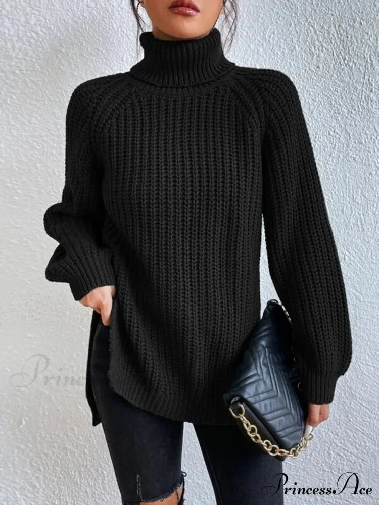 High-neck  Divided Knitted  Chunky Jumper