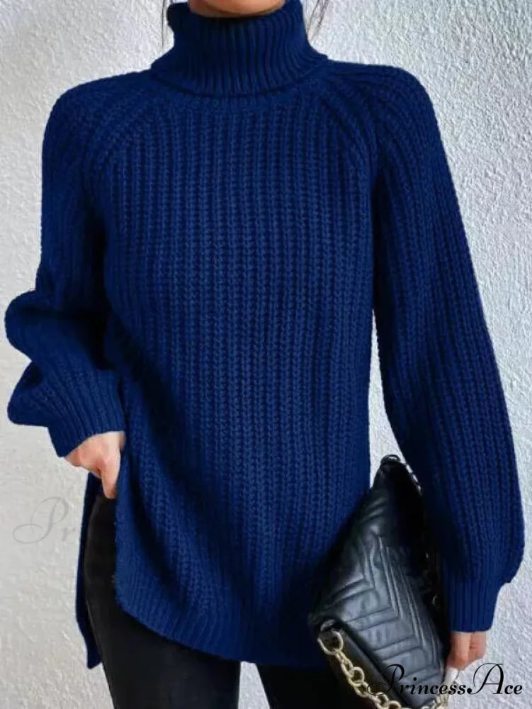 High-neck  Divided Knitted  Chunky Jumper