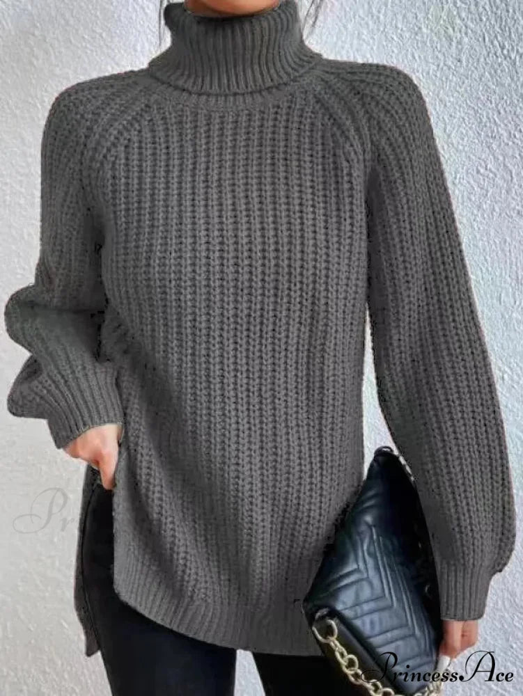 High-neck  Divided Knitted  Chunky Jumper
