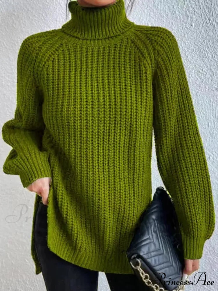 High-neck  Divided Knitted  Chunky Jumper