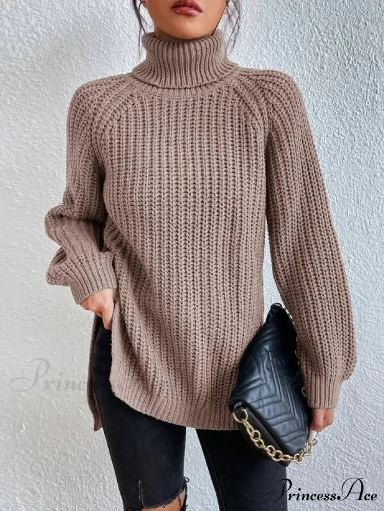 High-neck  Divided Knitted  Chunky Jumper