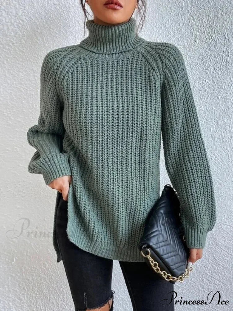 High-neck  Divided Knitted  Chunky Jumper