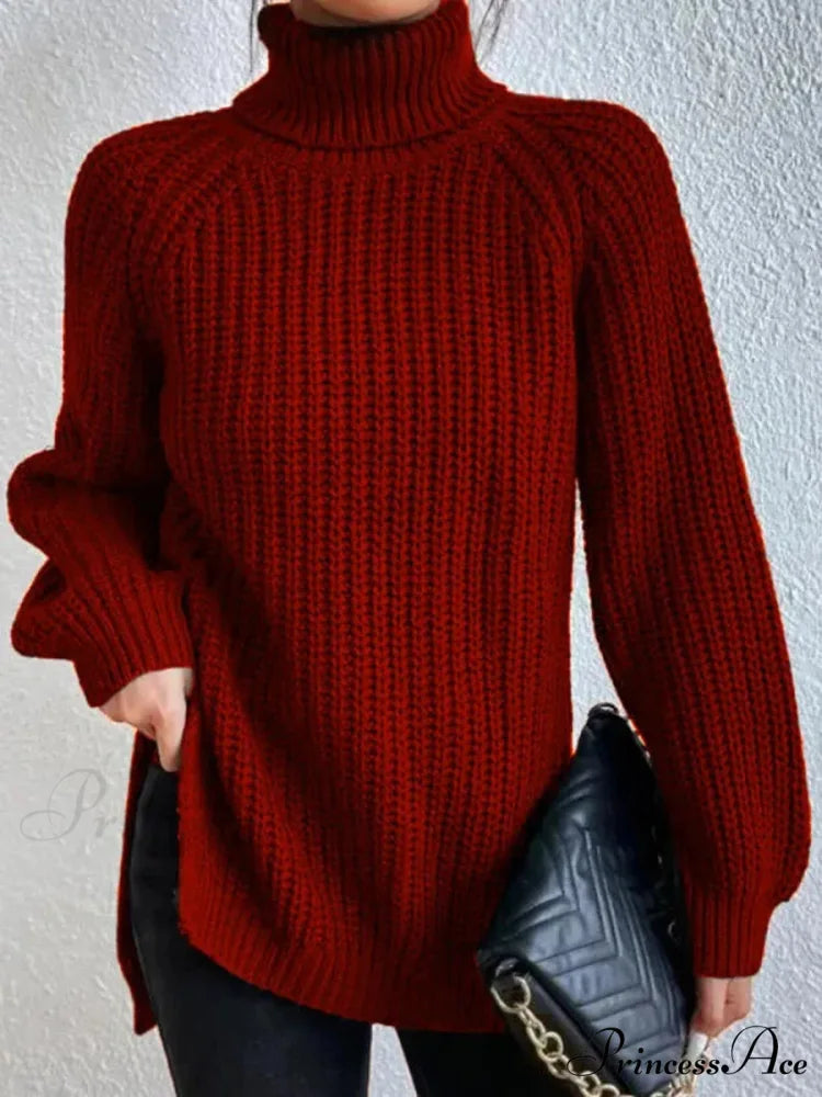 High-neck  Divided Knitted  Chunky Jumper