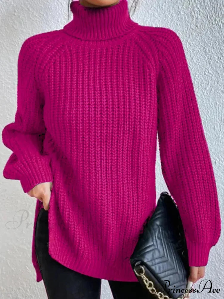 High-neck  Divided Knitted  Chunky Jumper