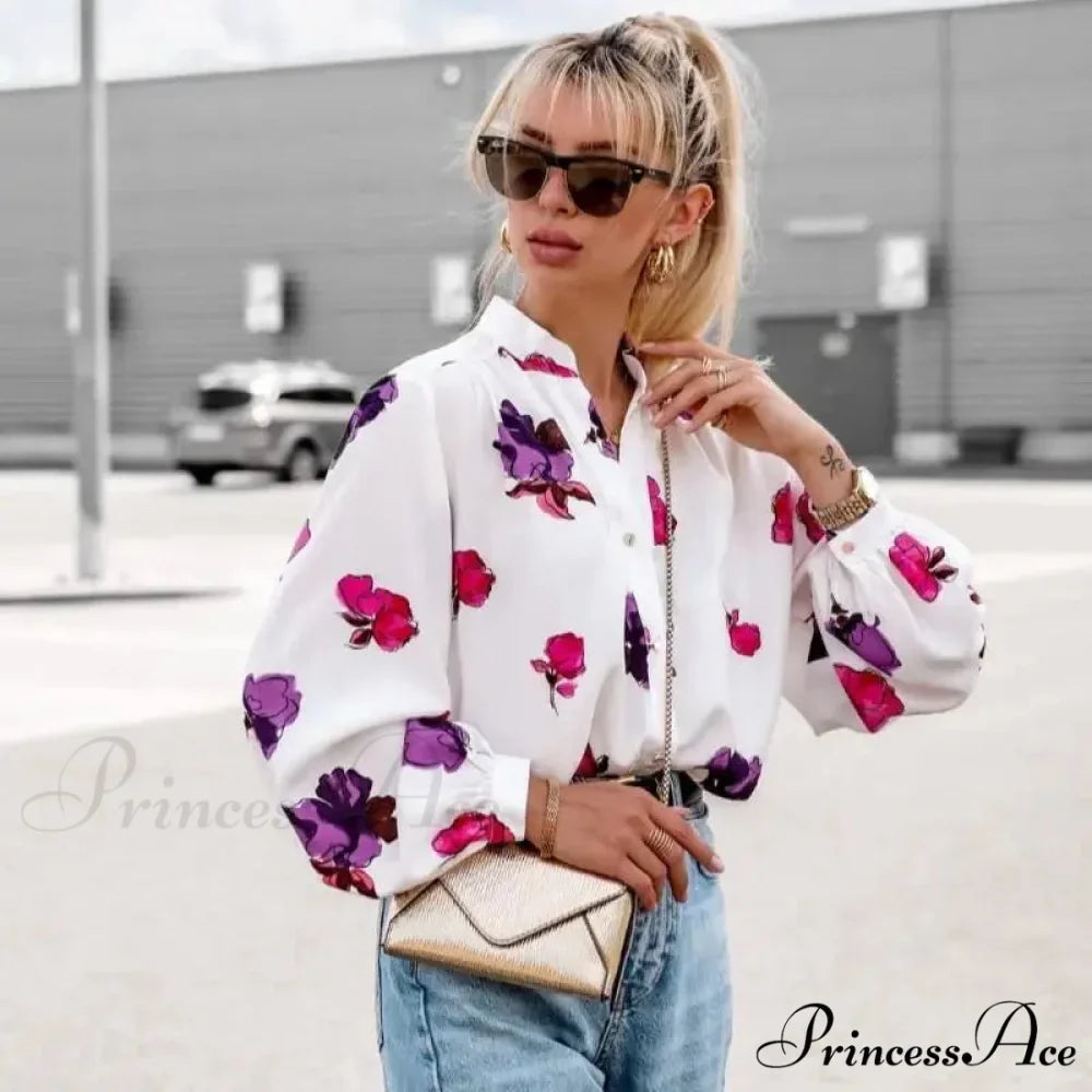 High Neck Flower Pattern Puff Sleeve Top