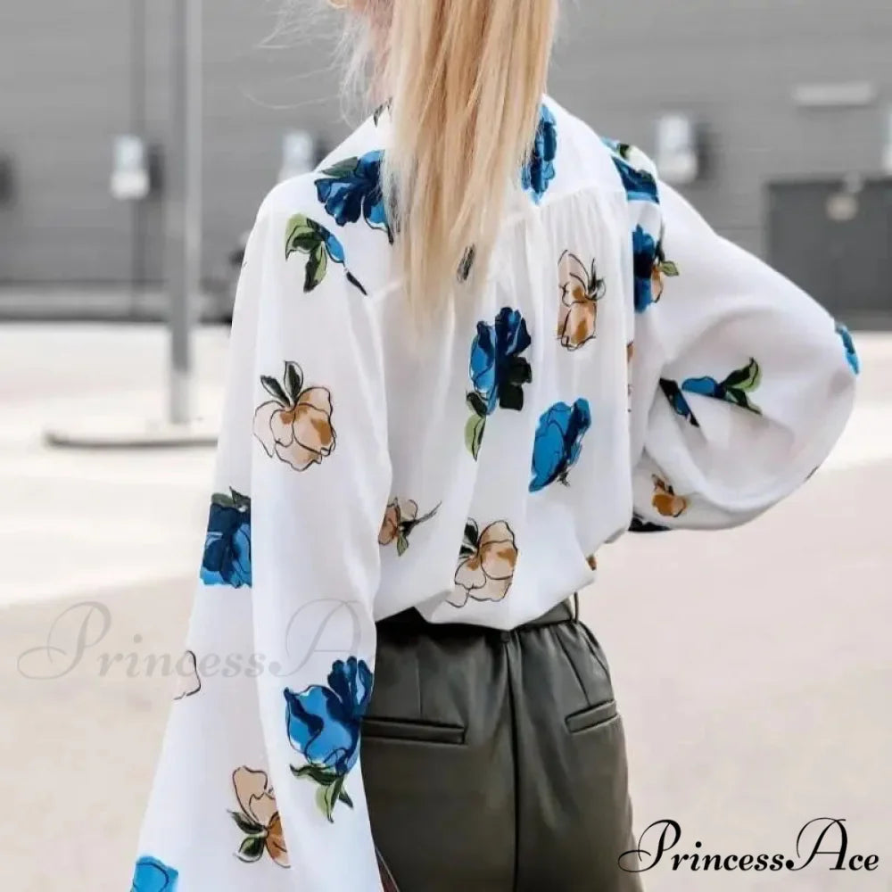 High Neck Flower Pattern Puff Sleeve Top