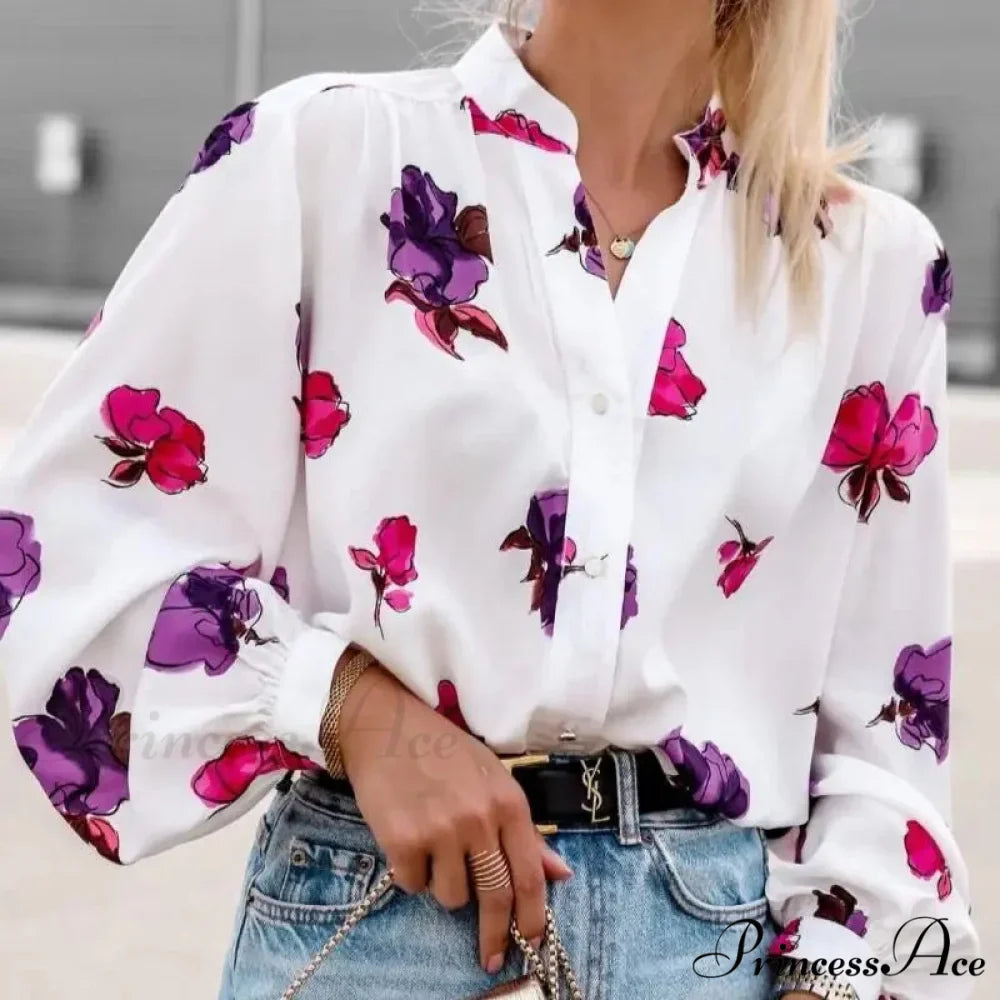 High Neck Flower Pattern Puff Sleeve Top