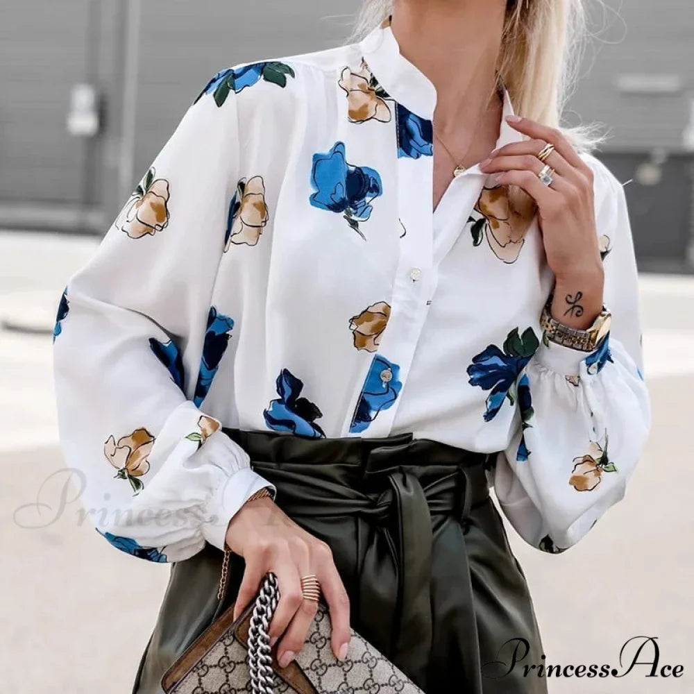 High Neck Flower Pattern Puff Sleeve Top
