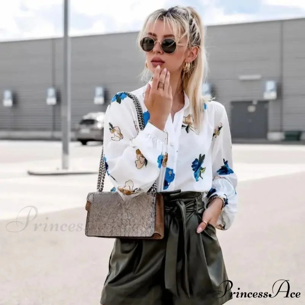 High Neck Flower Pattern Puff Sleeve Top