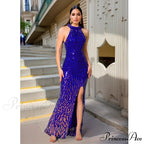 High Neck Sequin Front Slit Party Dress