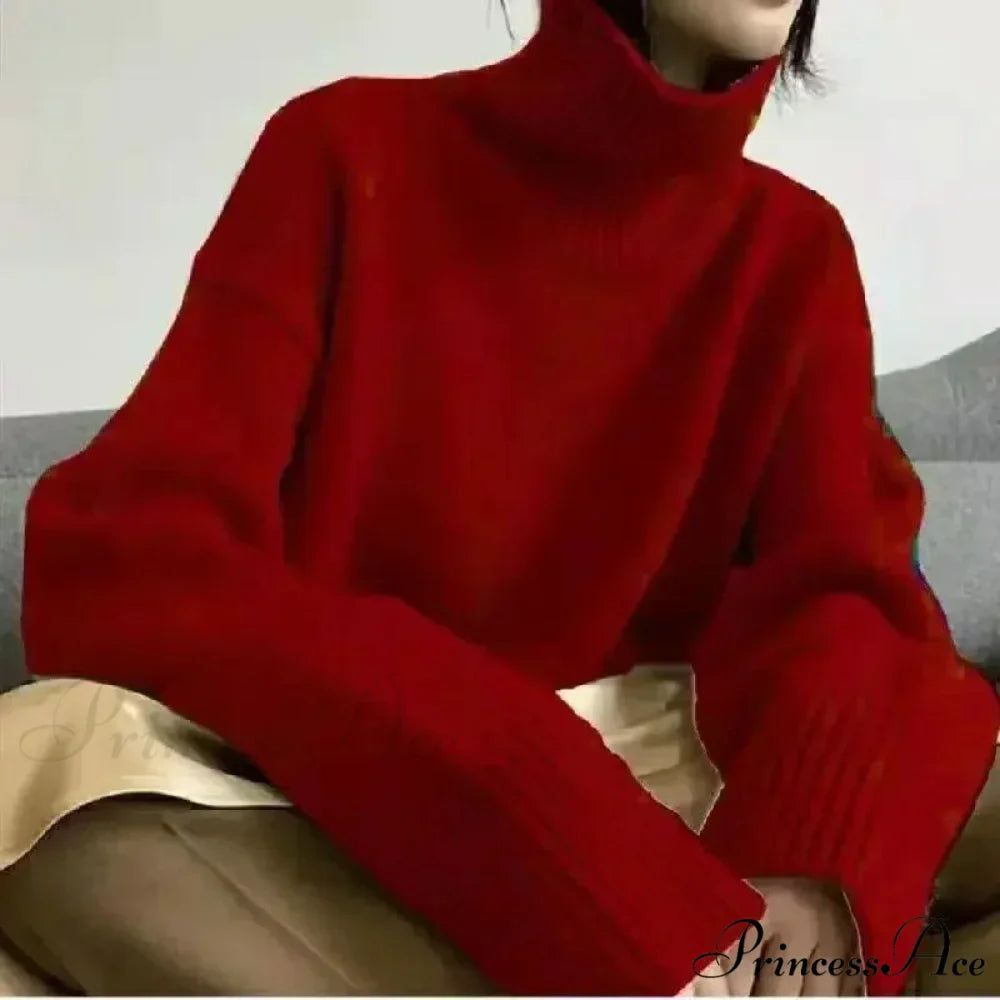 High-neck  Sophisticated  Charcoal Crimson Jumper