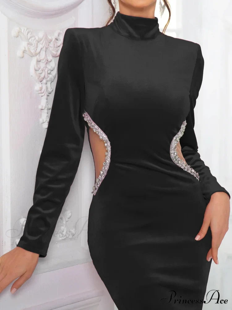 High Neck Velvet Rhinestone Maxi Party Dress