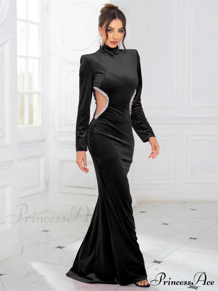 High Neck Velvet Rhinestone Maxi Party Dress