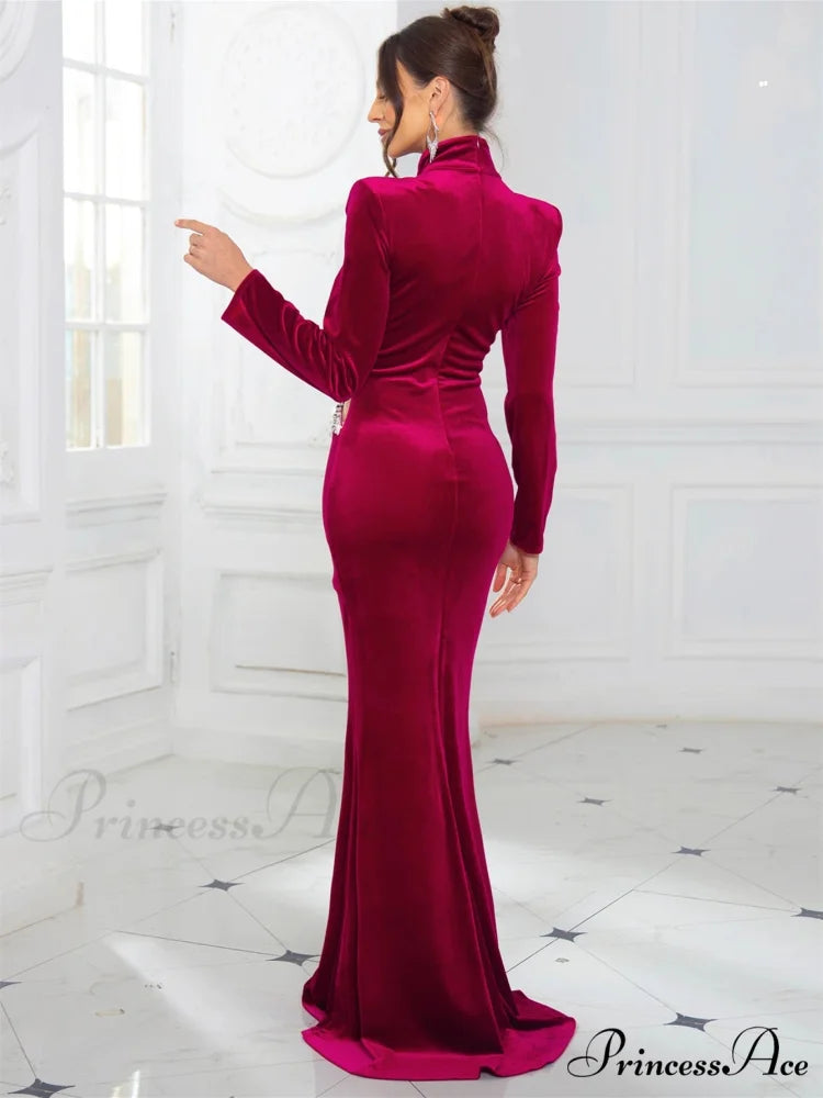 High Neck Velvet Rhinestone Maxi Party Dress