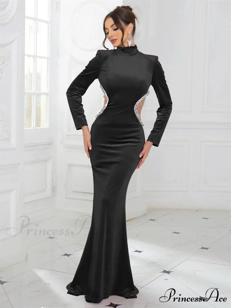 High Neck Velvet Rhinestone Maxi Party Dress