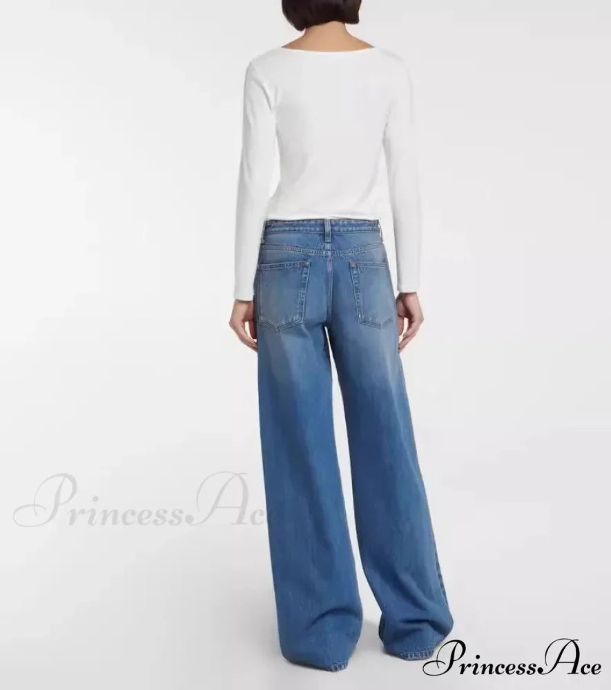 High Quality Autumn New Floor-length Denim High-waisted Minimalist Style Loose Wide-leg Jean